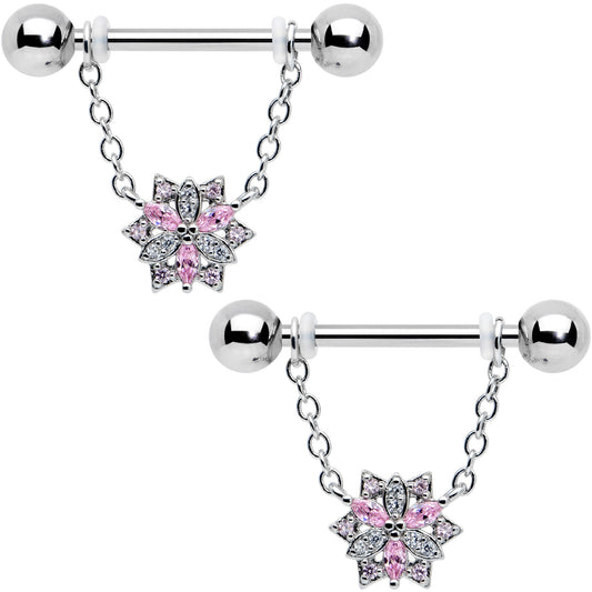 14G 9/16 Pink Clear CZ Gem Snowflake Chain Dangle Nipple Ring Set