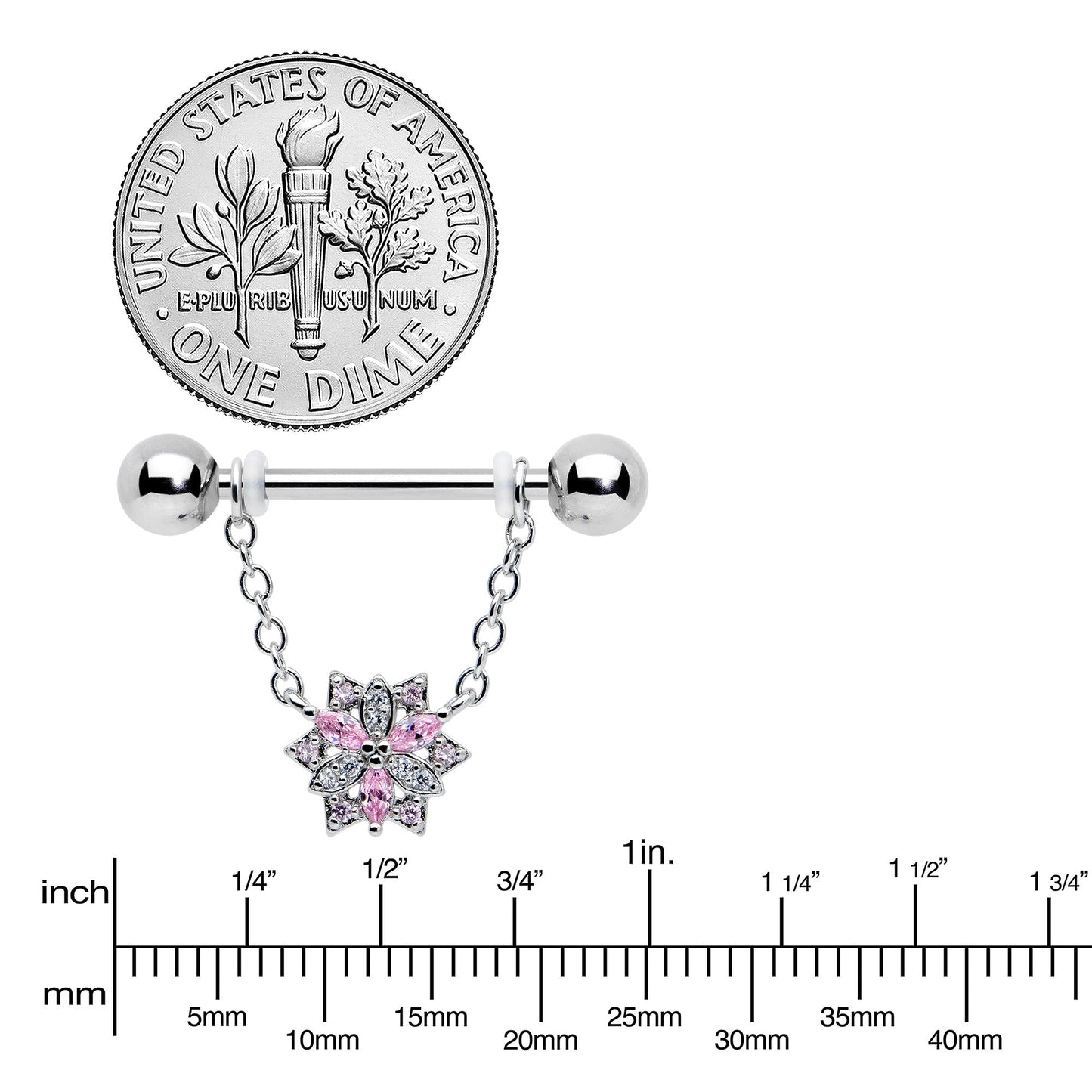 14G 9/16 Pink Clear CZ Gem Snowflake Chain Dangle Nipple Ring Set