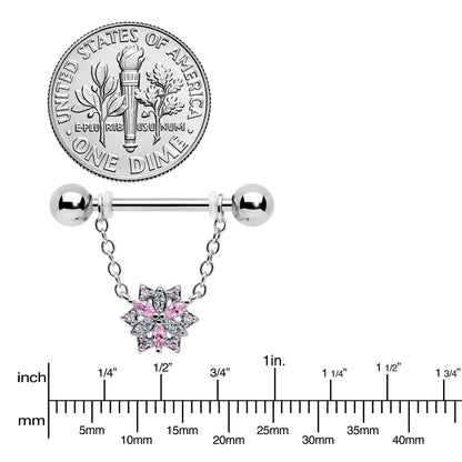 14G 9/16 Pink Clear CZ Gem Snowflake Chain Dangle Nipple Ring Set