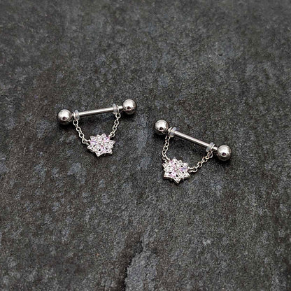 14G 9/16 Pink Clear CZ Gem Snowflake Chain Dangle Nipple Ring Set