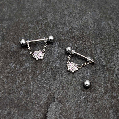 14G 9/16 Pink Clear CZ Gem Snowflake Chain Dangle Nipple Ring Set