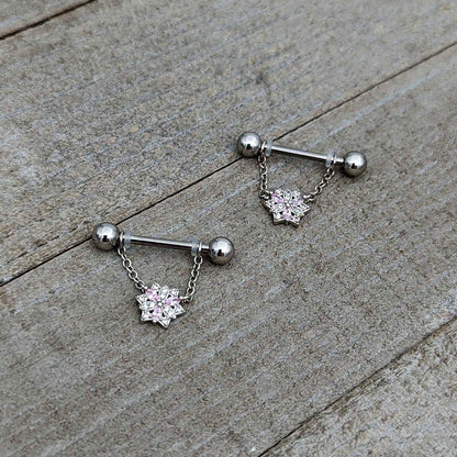 14G 9/16 Pink Clear CZ Gem Snowflake Chain Dangle Nipple Ring Set