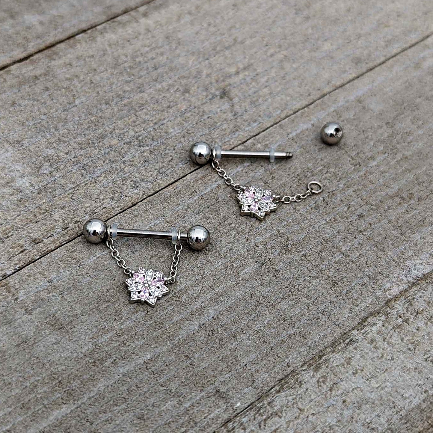 14G 9/16 Pink Clear CZ Gem Snowflake Chain Dangle Nipple Ring Set