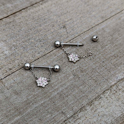14G 9/16 Pink Clear CZ Gem Snowflake Chain Dangle Nipple Ring Set