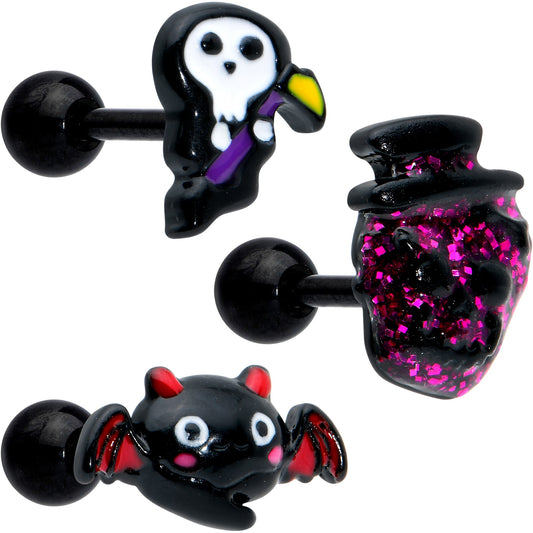 16G 1/4 Black Halloween Skull Bat Reaper Cartilage Earring Set of 3