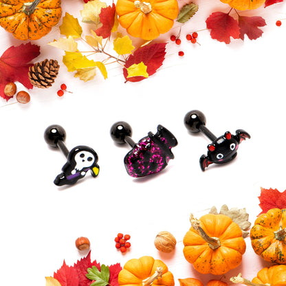 16G 1/4 Black Halloween Skull Bat Reaper Cartilage Earring Set of 3