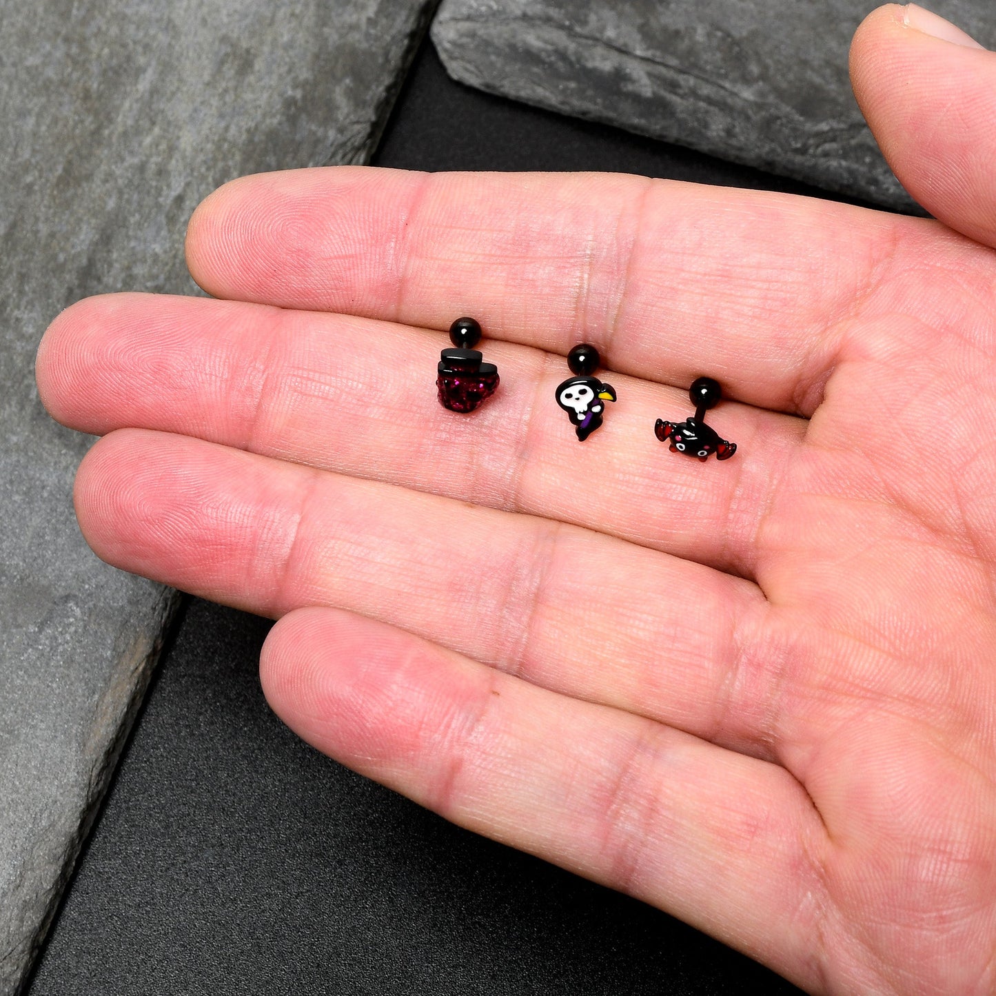 16G 1/4 Black Halloween Skull Bat Reaper Cartilage Earring Set of 3