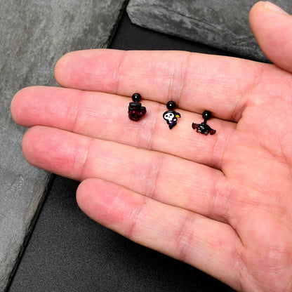 16G 1/4 Black Halloween Skull Bat Reaper Cartilage Earring Set of 3