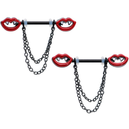 14G 11/16 Black Vampire Fangs Chain Dangle Nipple Ring Set