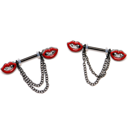 14G 11/16 Black Vampire Fangs Chain Dangle Nipple Ring Set