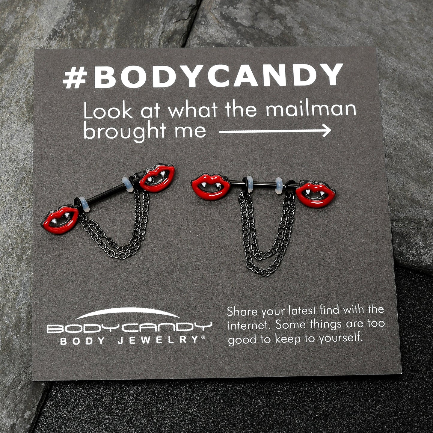 14G 11/16 Black Vampire Fangs Chain Dangle Nipple Ring Set