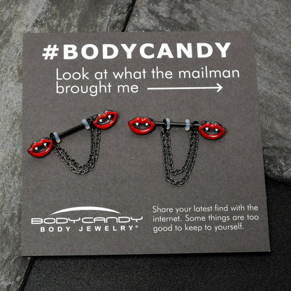 14G 11/16 Black Vampire Fangs Chain Dangle Nipple Ring Set