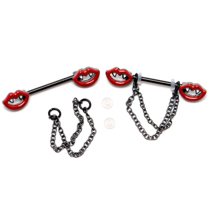 14G 11/16 Black Vampire Fangs Chain Dangle Nipple Ring Set
