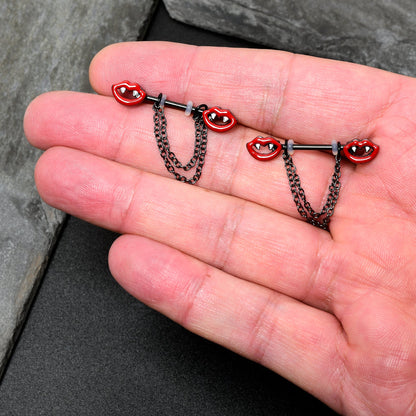 14G 11/16 Black Vampire Fangs Chain Dangle Nipple Ring Set