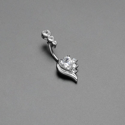 Clear CZ Gem Triple Drop Flare Heart Valentine Double Mount Belly Ring