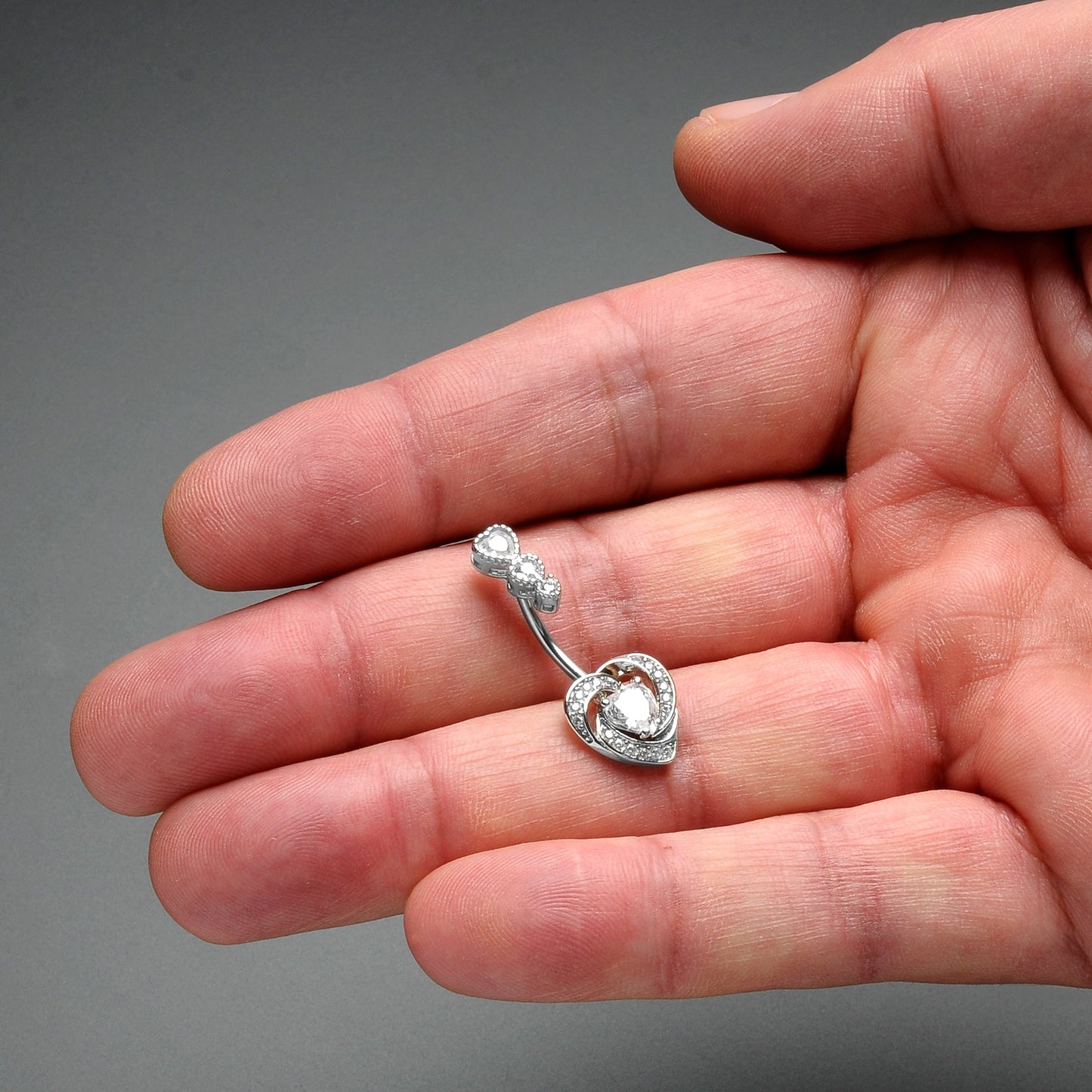 Clear CZ Gem Triple Drop Swirl Heart Valentine Double Mount Belly Ring