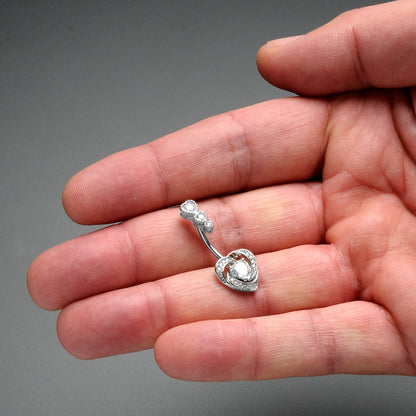 Clear CZ Gem Triple Drop Swirl Heart Valentine Double Mount Belly Ring