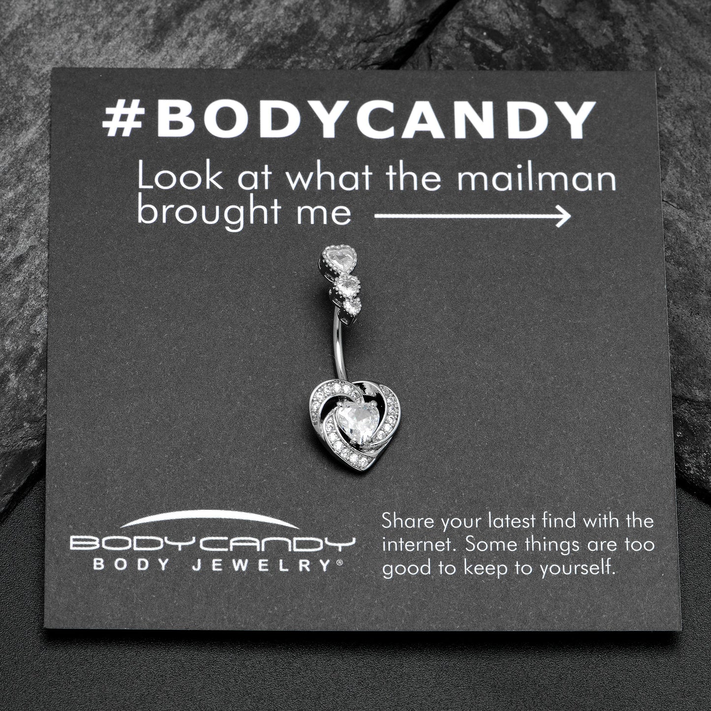 Clear CZ Gem Triple Drop Swirl Heart Valentine Double Mount Belly Ring