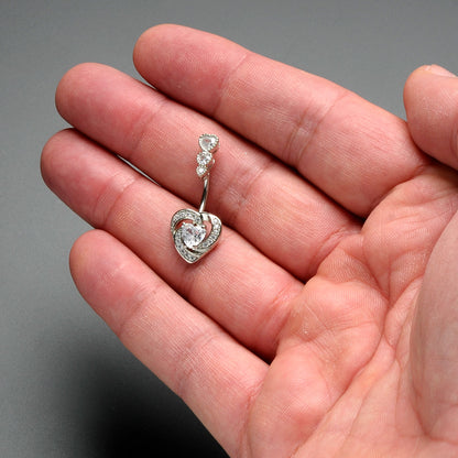 Clear CZ Gem Triple Drop Swirl Heart Valentine Double Mount Belly Ring