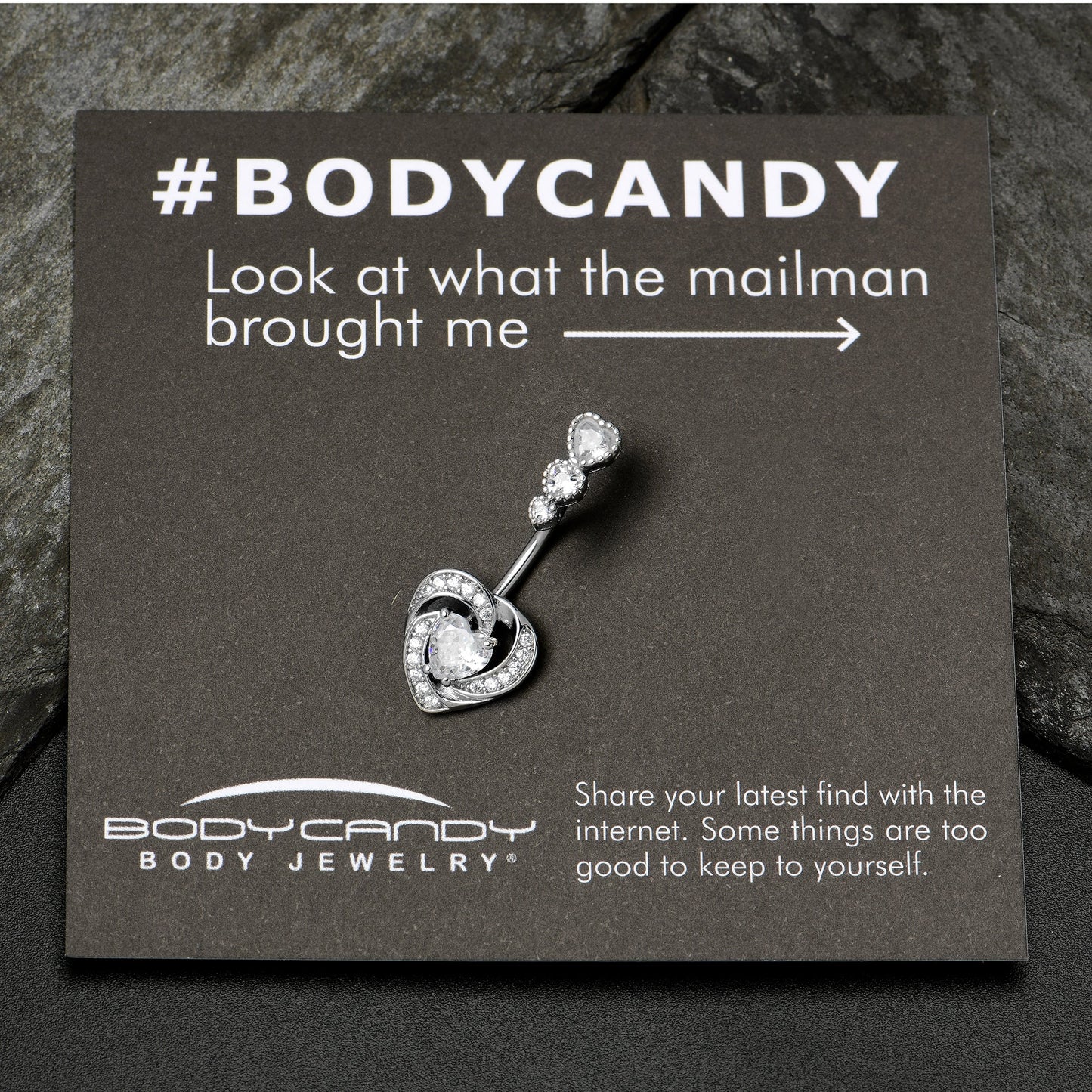 Clear CZ Gem Triple Drop Swirl Heart Valentine Double Mount Belly Ring