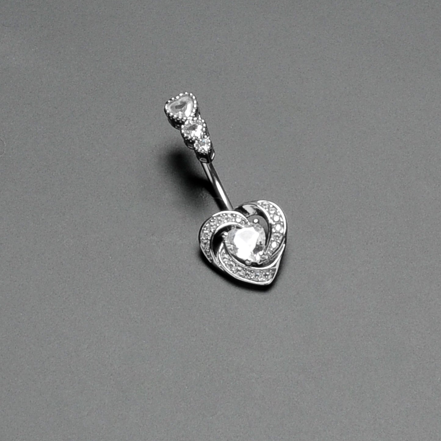 Clear CZ Gem Triple Drop Swirl Heart Valentine Double Mount Belly Ring