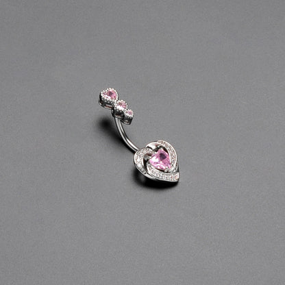 Pink CZ Gem Triple Drop Swirl Heart Valentine Double Mount Belly Ring