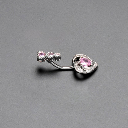 Pink CZ Gem Triple Drop Swirl Heart Valentine Double Mount Belly Ring