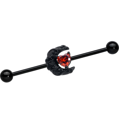 14G Red CZ Gem Black Scroll Moon Heart Industrial Barbell 38mm