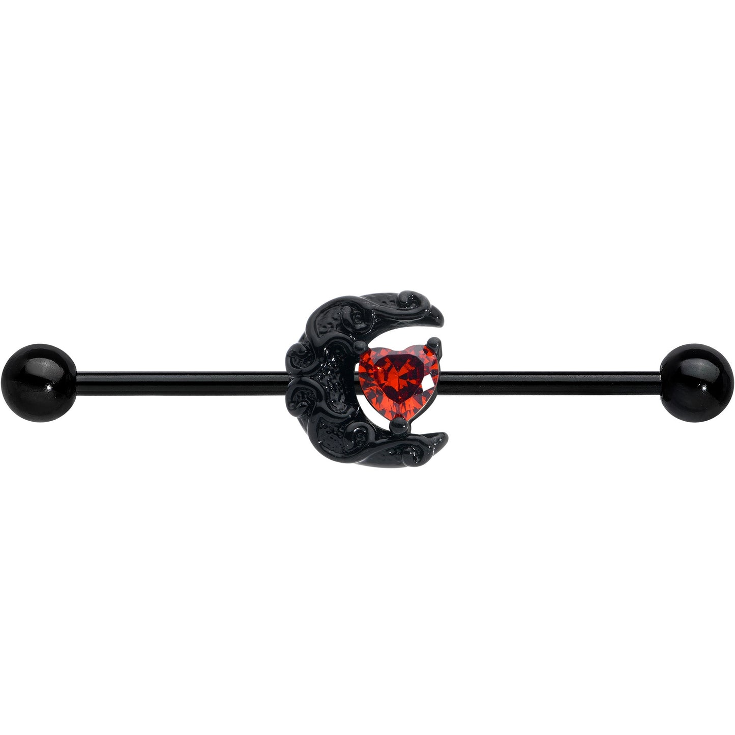 14G Red CZ Gem Black Scroll Moon Heart Industrial Barbell 38mm