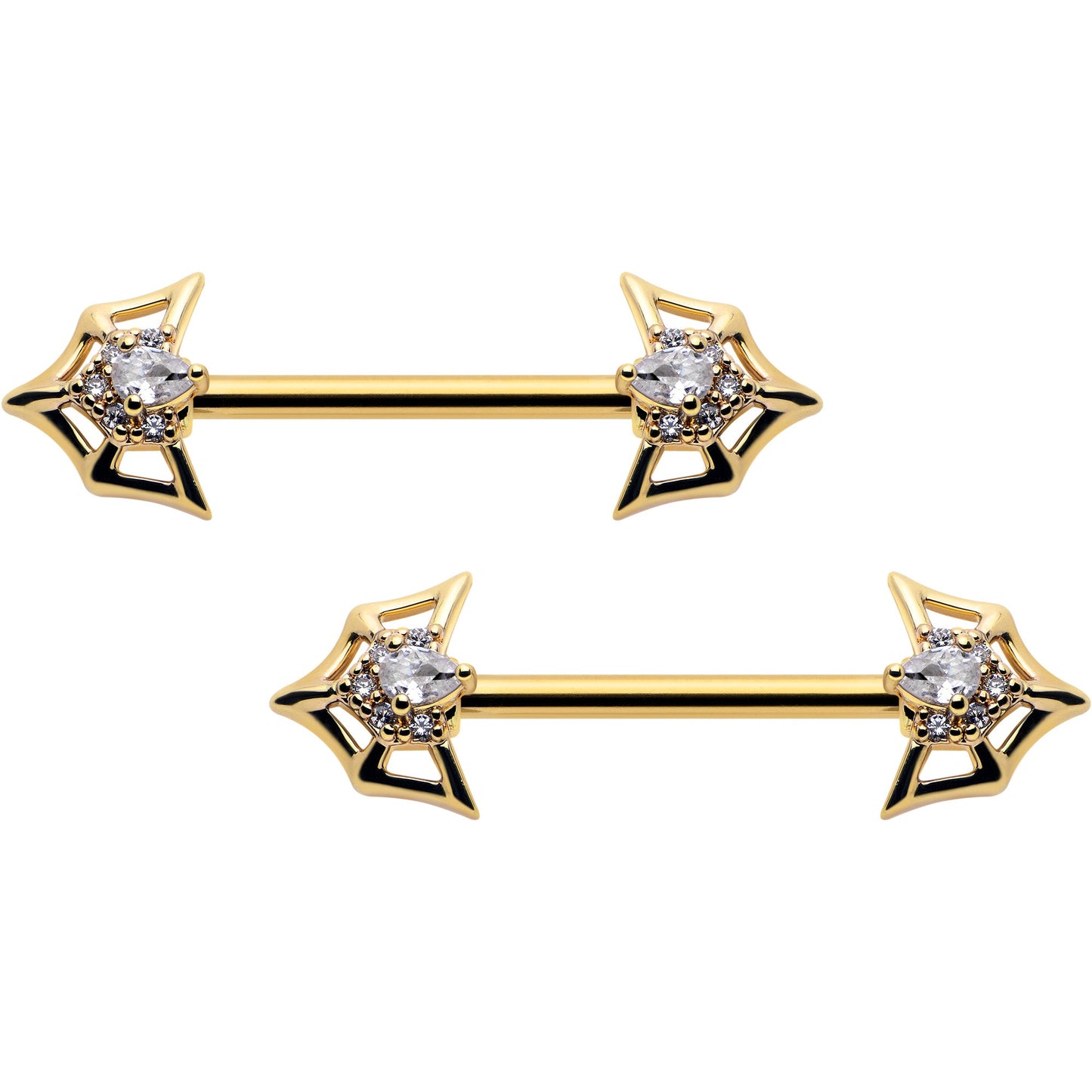 14G 5/8 Clear Gem Gold Tone Spider Bat Barbell Nipple Ring Set