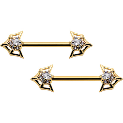 14G 5/8 Clear Gem Gold Tone Spider Bat Barbell Nipple Ring Set