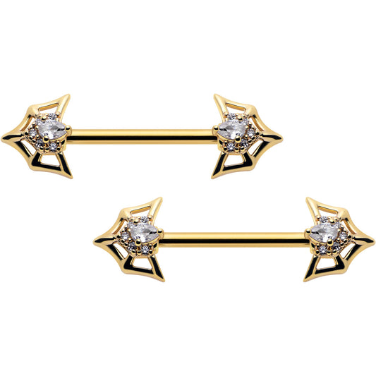 14G 5/8 Clear Gem Gold Tone Spider Bat Barbell Nipple Ring Set