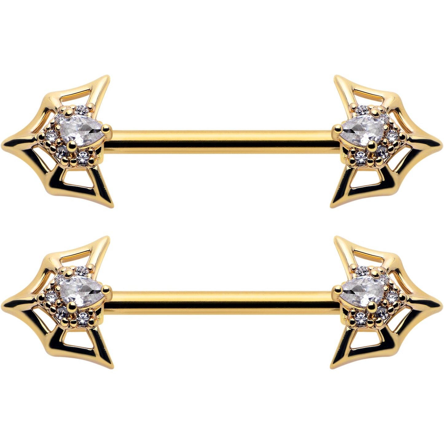 14G 5/8 Clear Gem Gold Tone Spider Bat Barbell Nipple Ring Set