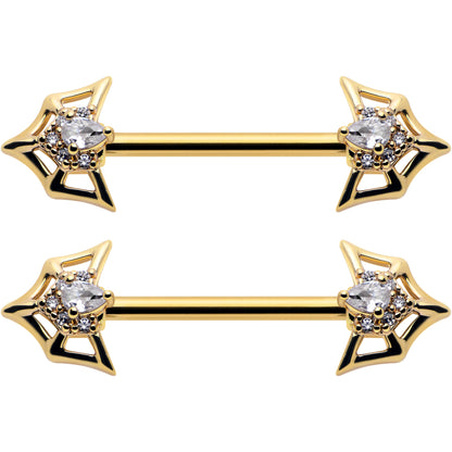 14G 5/8 Clear Gem Gold Tone Spider Bat Barbell Nipple Ring Set