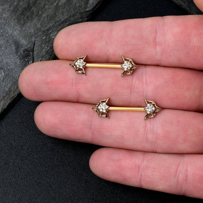14G 5/8 Clear Gem Gold Tone Spider Bat Barbell Nipple Ring Set