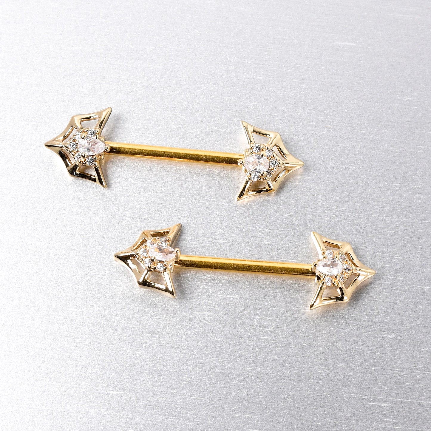 14G 5/8 Clear Gem Gold Tone Spider Bat Barbell Nipple Ring Set