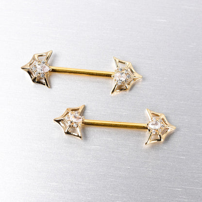 14G 5/8 Clear Gem Gold Tone Spider Bat Barbell Nipple Ring Set