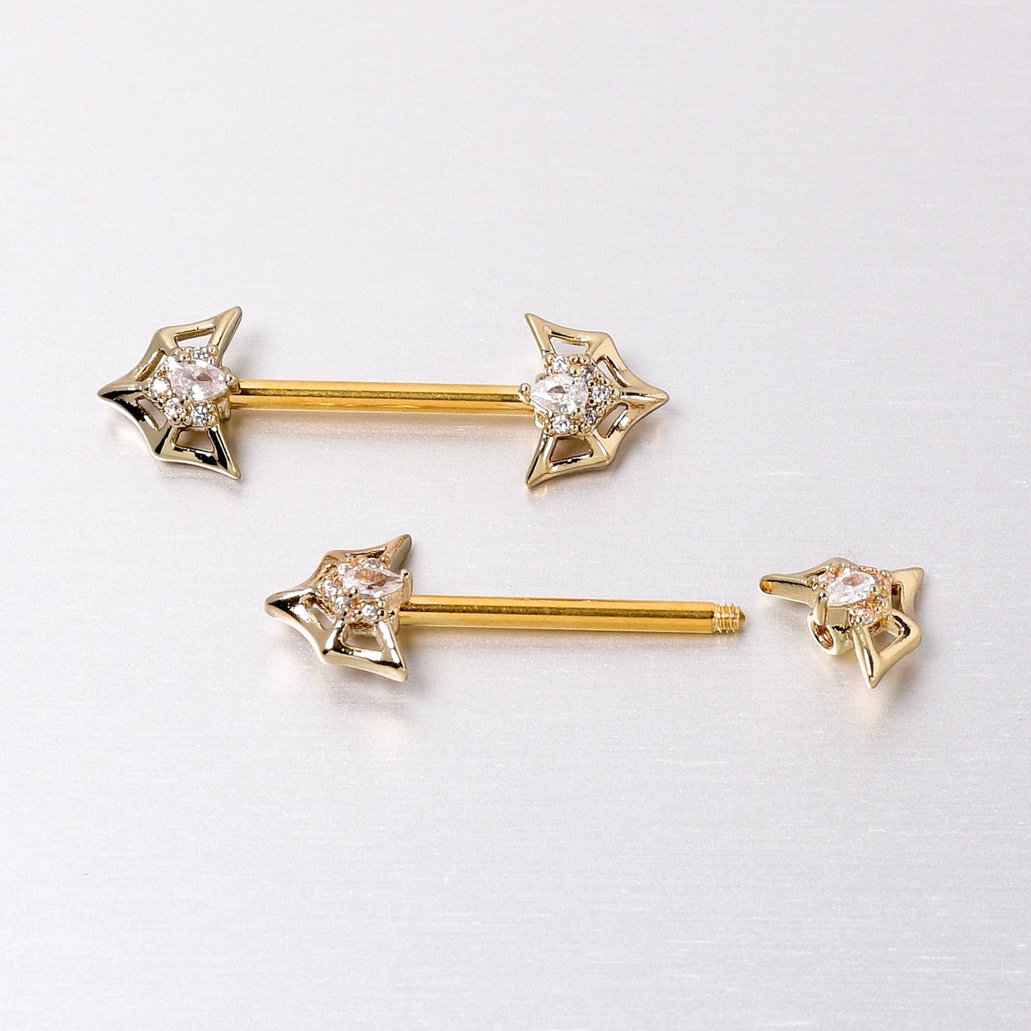 14G 5/8 Clear Gem Gold Tone Spider Bat Barbell Nipple Ring Set