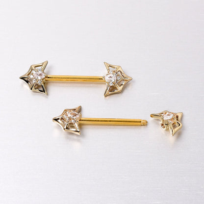 14G 5/8 Clear Gem Gold Tone Spider Bat Barbell Nipple Ring Set