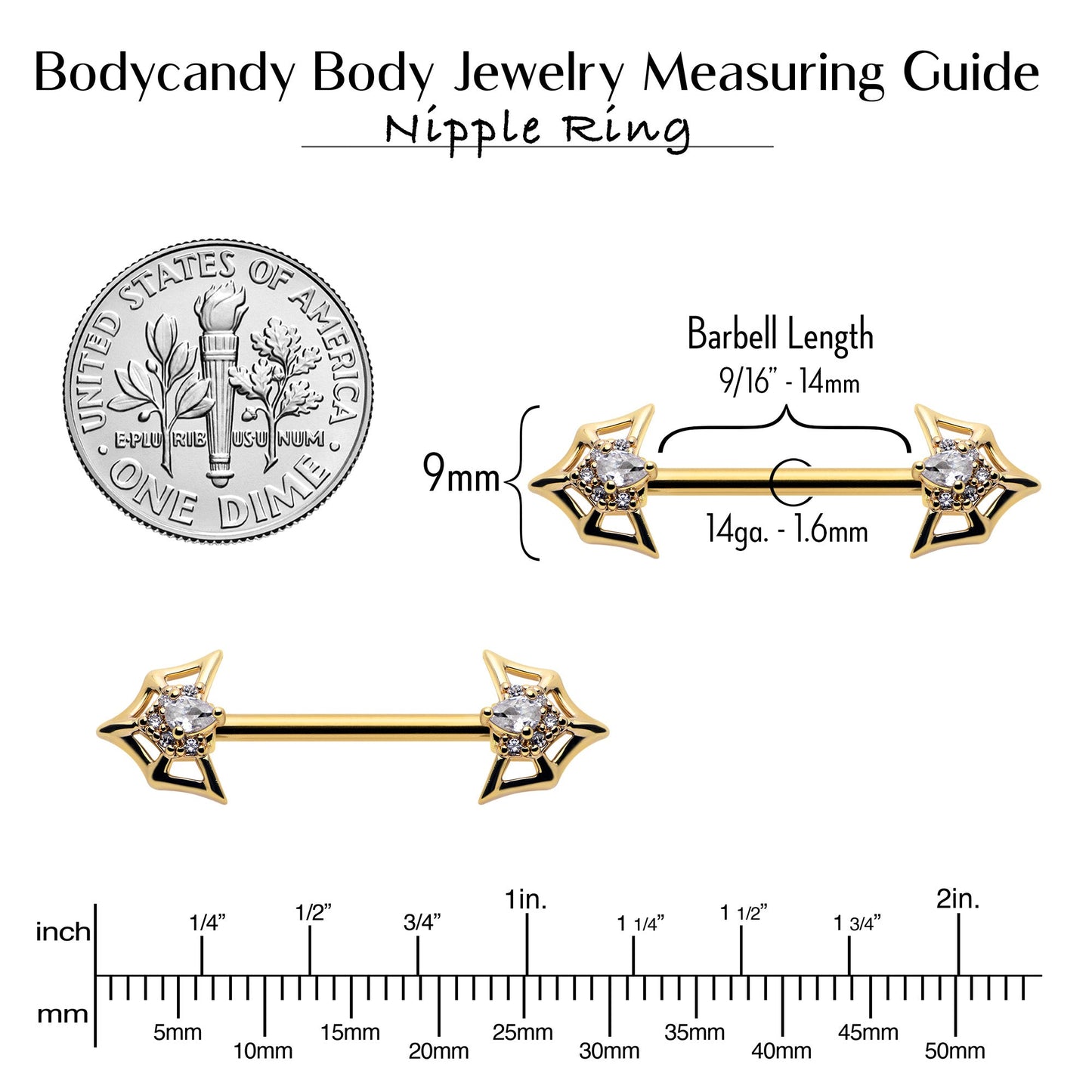 14G 5/8 Clear Gem Gold Tone Spider Bat Barbell Nipple Ring Set