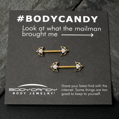 14G 5/8 Clear Gem Gold Tone Spider Bat Barbell Nipple Ring Set