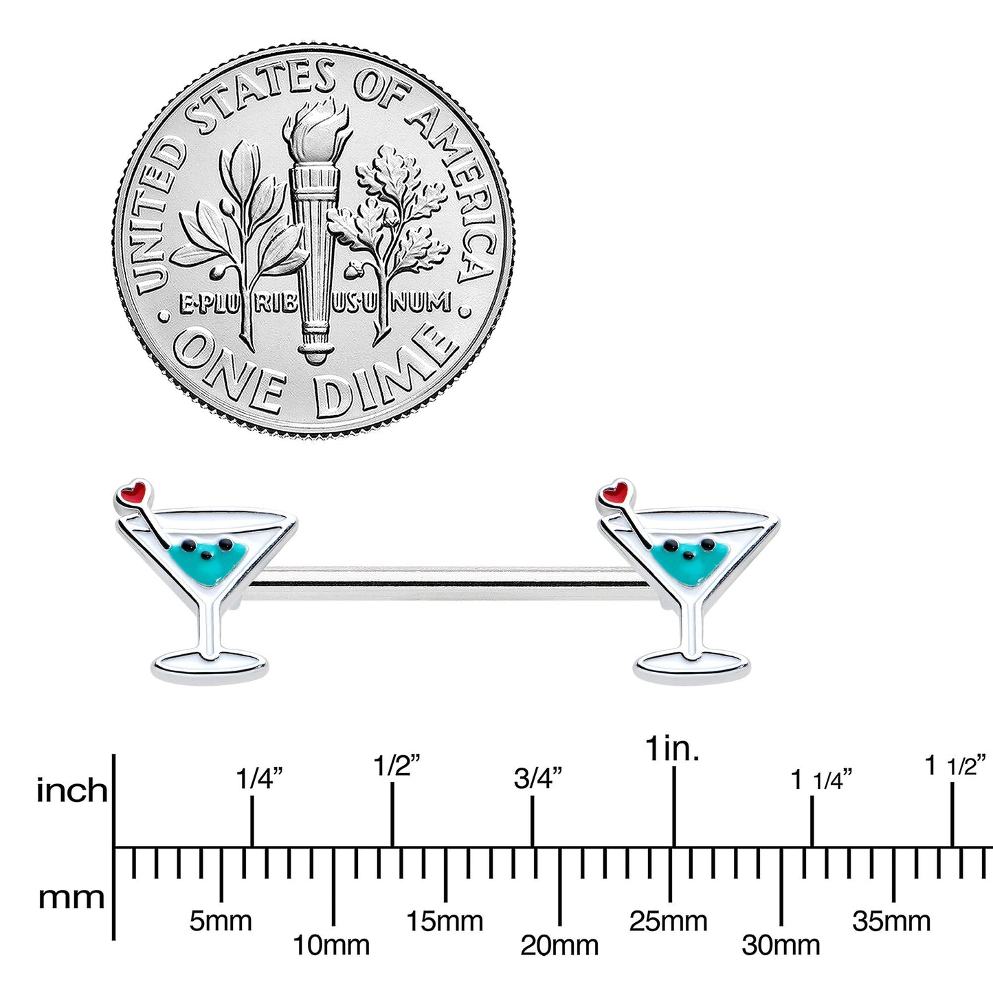 14G 9/16 Sweet Martini Glass Heart Barbell Nipple Ring Set