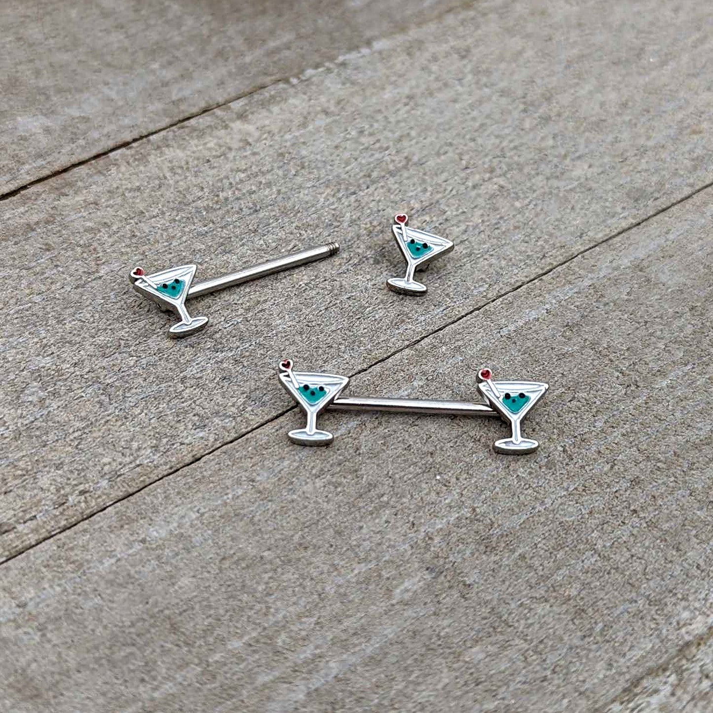 14G 9/16 Sweet Martini Glass Heart Barbell Nipple Ring Set