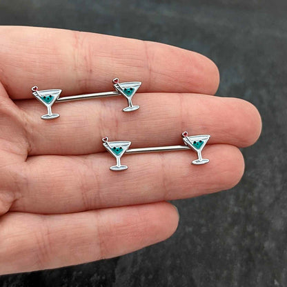 14G 9/16 Sweet Martini Glass Heart Barbell Nipple Ring Set