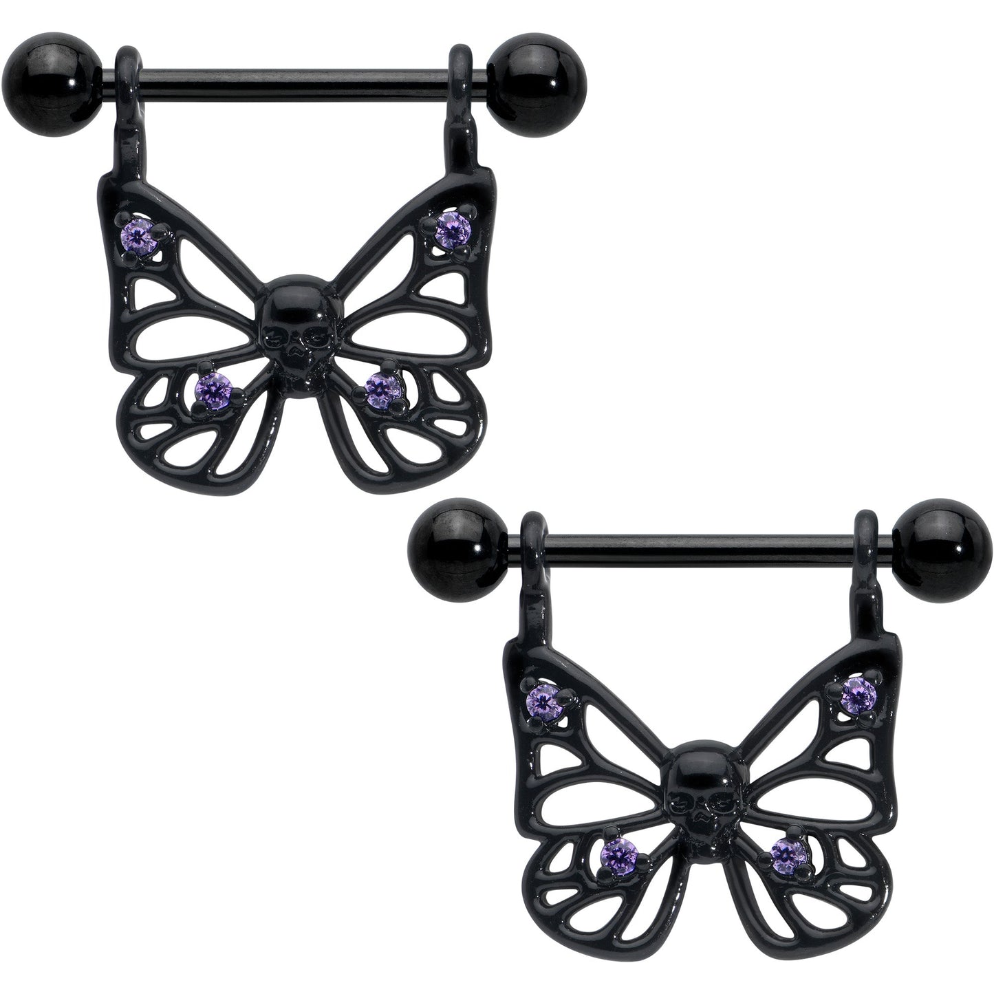 14G 11/16 Purple CZ Gem Black Skull Butterfly Dangle Nipple Ring Set
