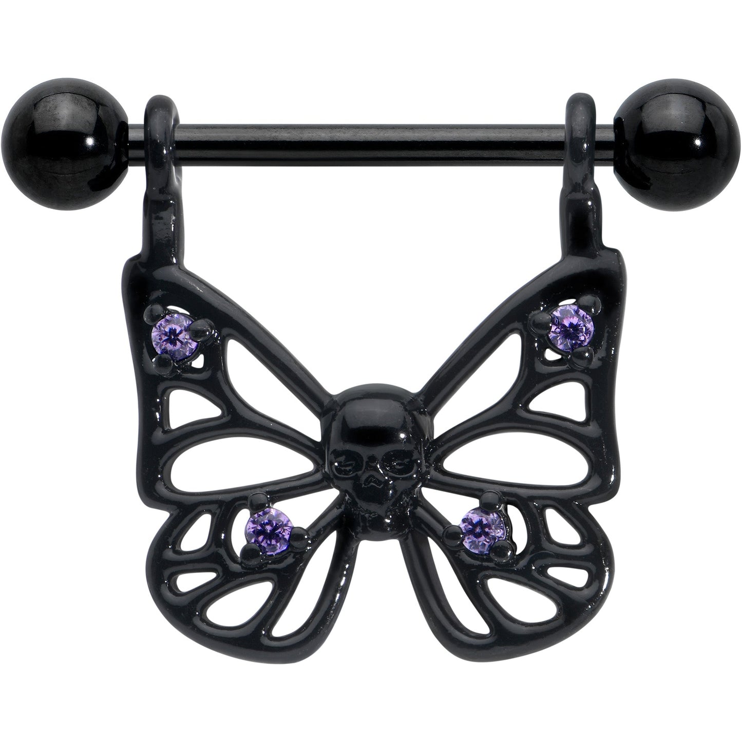 14G 11/16 Purple CZ Gem Black Skull Butterfly Dangle Nipple Ring Set
