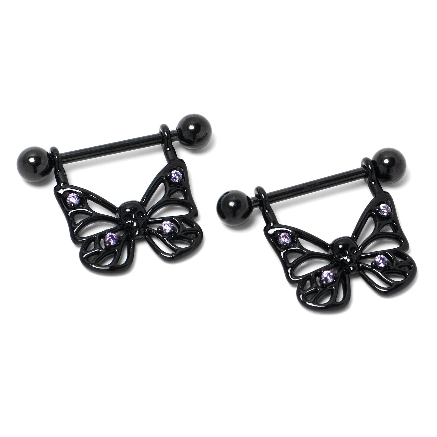 14G 11/16 Purple CZ Gem Black Skull Butterfly Dangle Nipple Ring Set