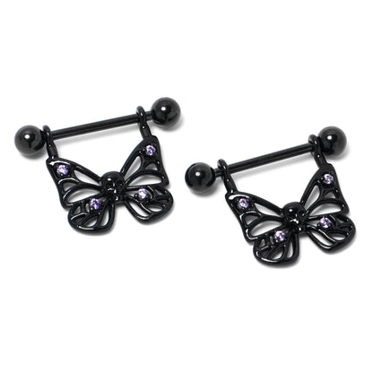 14G 11/16 Purple CZ Gem Black Skull Butterfly Dangle Nipple Ring Set