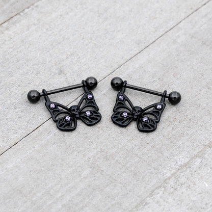 14G 11/16 Purple CZ Gem Black Skull Butterfly Dangle Nipple Ring Set