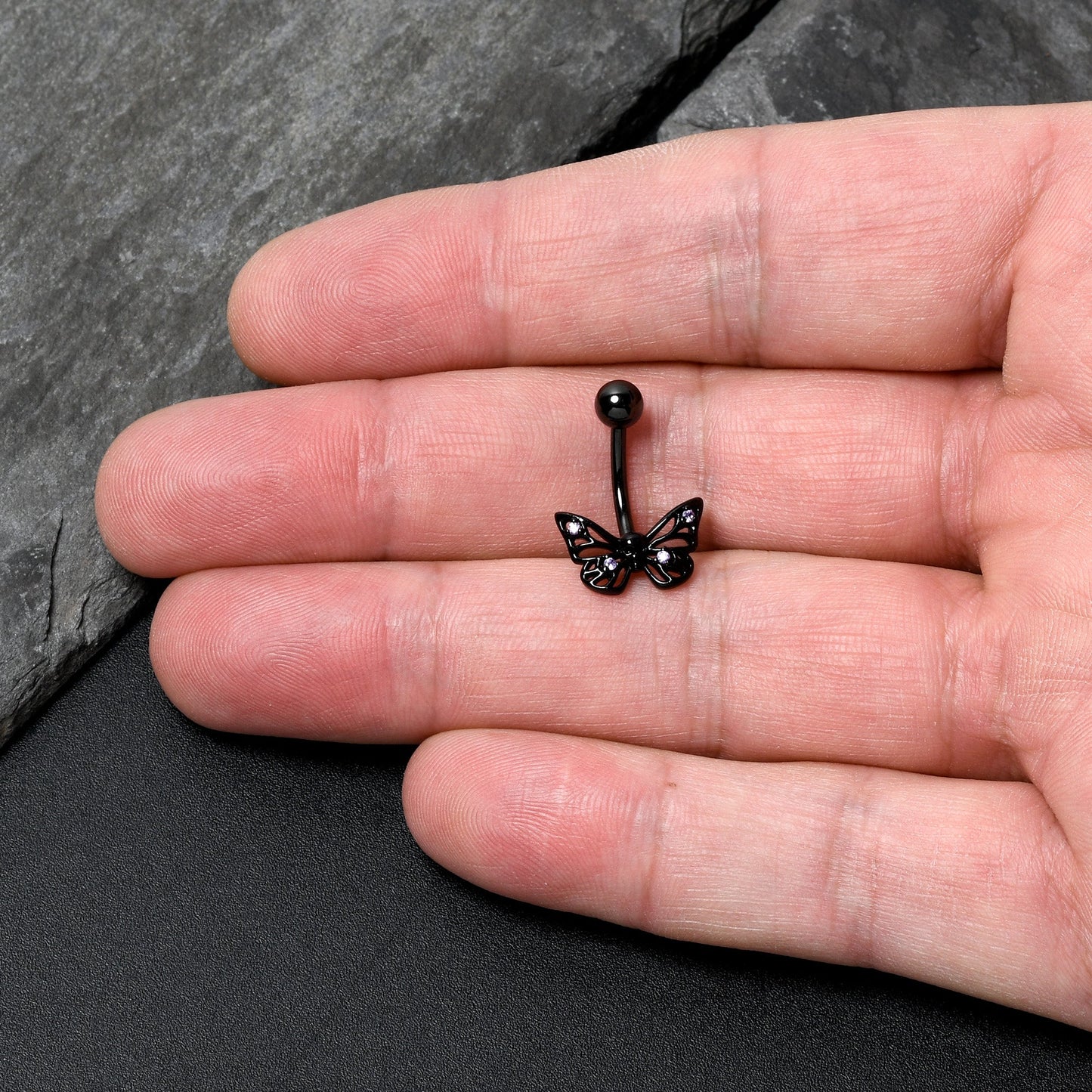 Purple CZ Gem Black Skull Butterfly Belly Ring